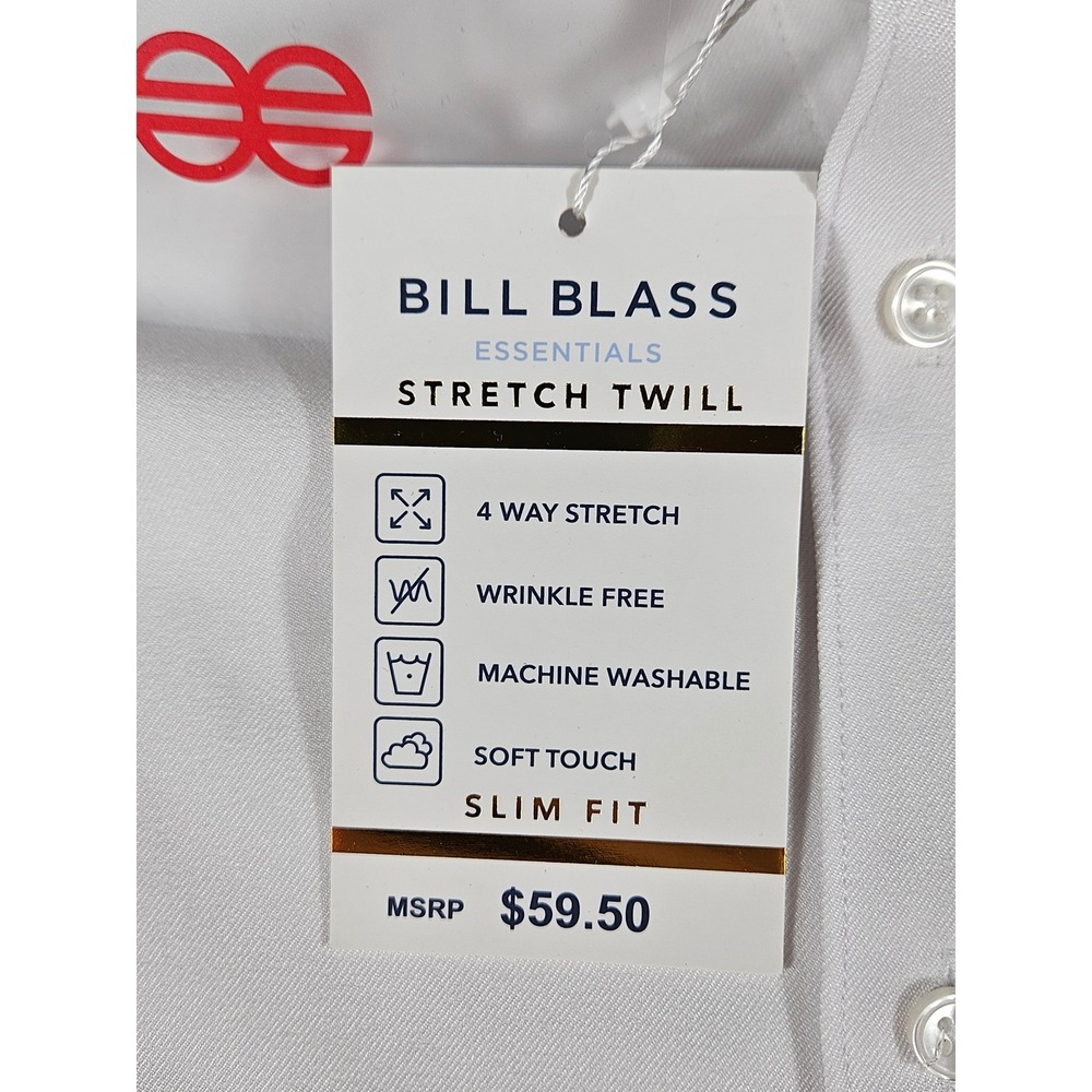 Bill Blass Essentials Mens White Slim Fit Non-Iron Stretch Twill Dress Shirt S - Picture 5 of 9